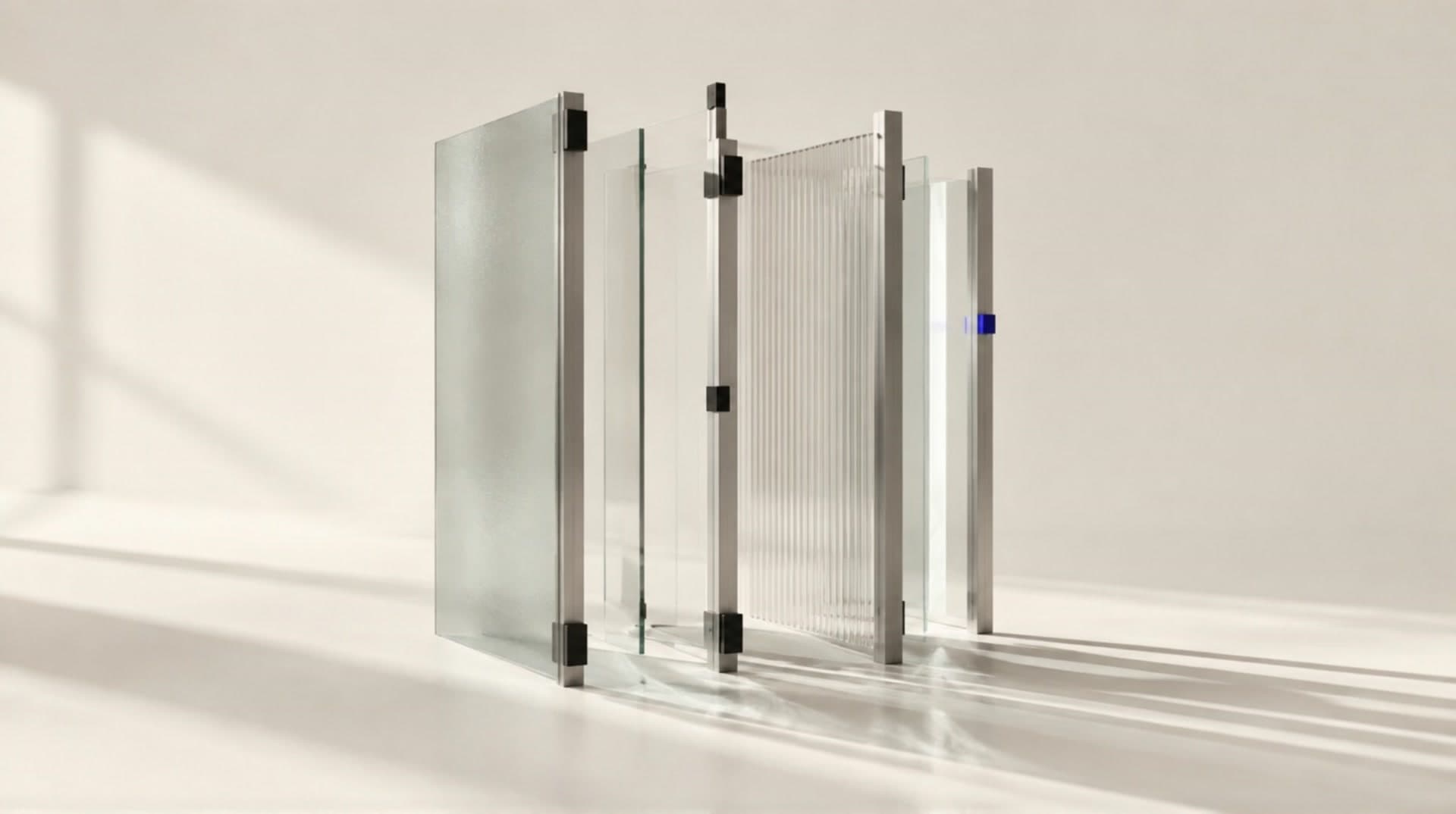 Translucent glass planes and brushed aluminium parts aligning into a single structure, photographed in a warm ivory studio.