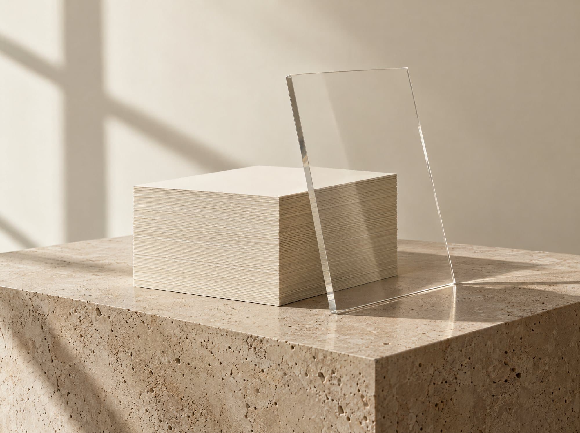 Stacked ivory card stock and a clear acrylic panel resting on a pale stone plinth.