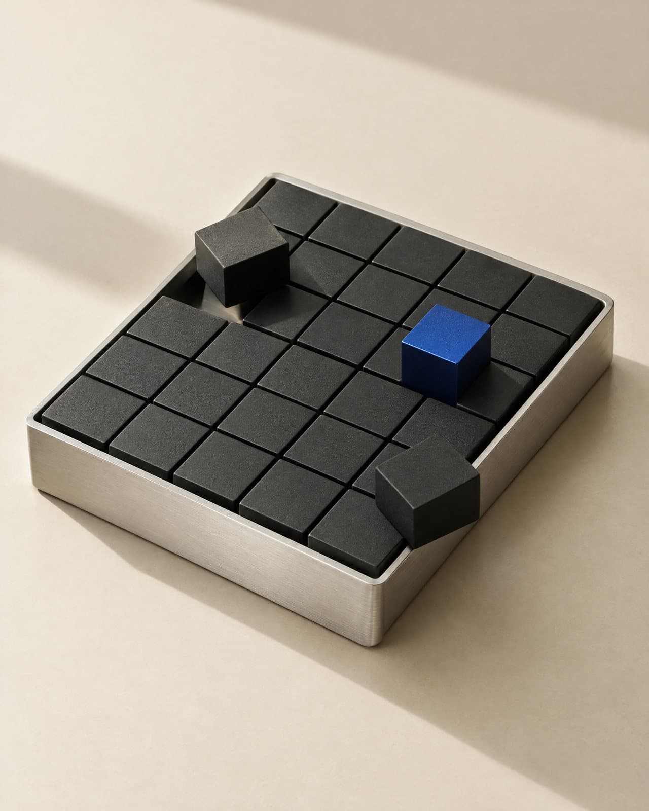 A grid of matte black modular blocks set into a brushed aluminium tray.